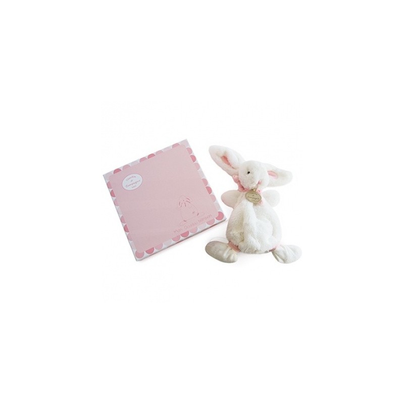 Doudou et Compagnie peluche doudou lapin rose. Idée cadeau de naissance petite fille.