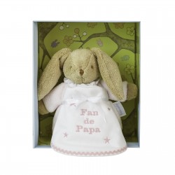 Coffret naissance petite fille avec un doudou lapin Trousselier et un bavoir de naissance personnalisé