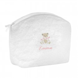 Trousse de toilette en éponge blanche personnalisée au prénom de l'enfant avec un petit ours.