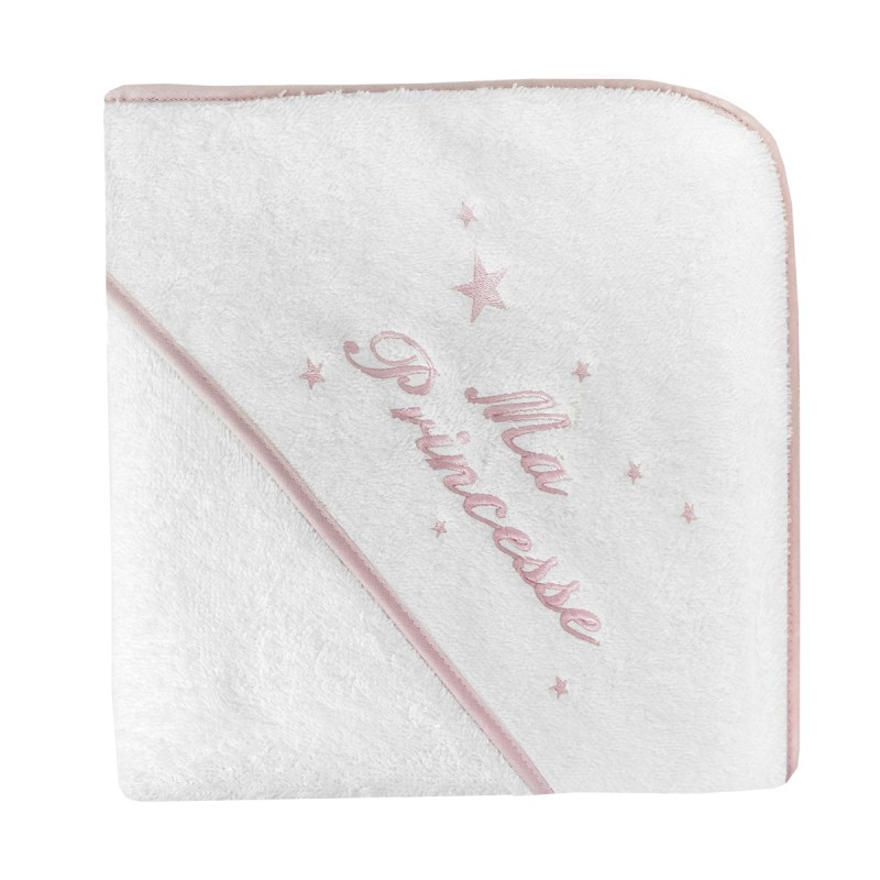 Cape de bain biais rose personnalisée au prénom de bébé.