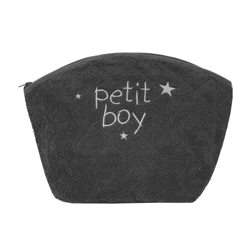 Trousse de toilette en éponge grise anthracite personnalisée au prénom. Trousse de toilette en éponge grise anthracite personnalisée au prénom.