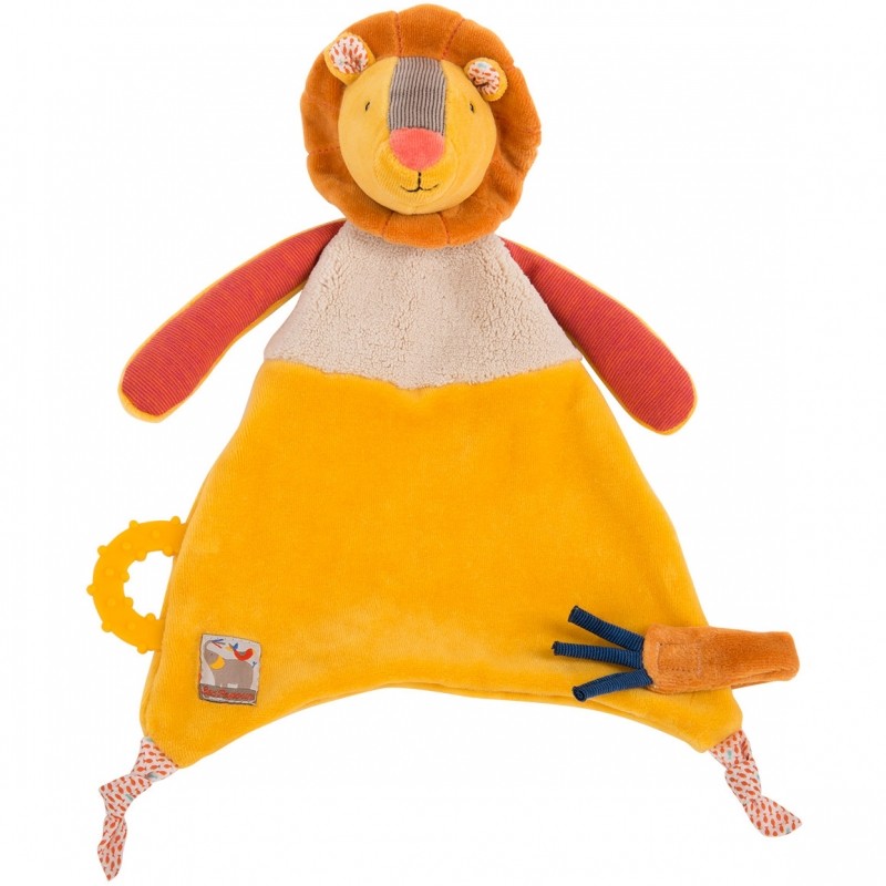 Doudou lion attache tétine et anneau de dentition Les Papoum de Moulin Roty Doudou lion attache tétine et anneau de dentition Les Papoum de Moulin Roty