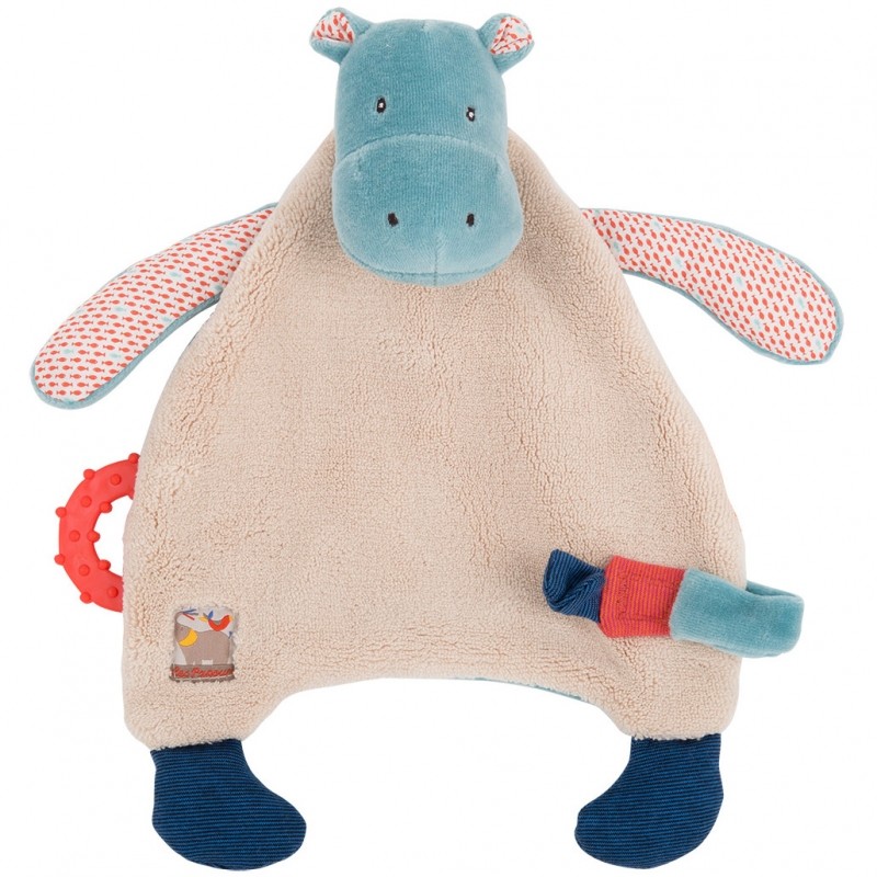 Doudou hippopotame attache tétine et anneau de dentition Les Papoum Moulin Roty Doudou hippopotame attache tétine et anneau de dentition Les Papoum Moulin Roty