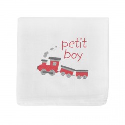 Lange brodé au prénom du bébé avec un petit train.